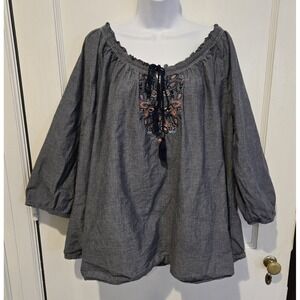 Basic Editions Women's Chambray Tunic Tassel Tie Blouse Bohemian Hippie Size 3X